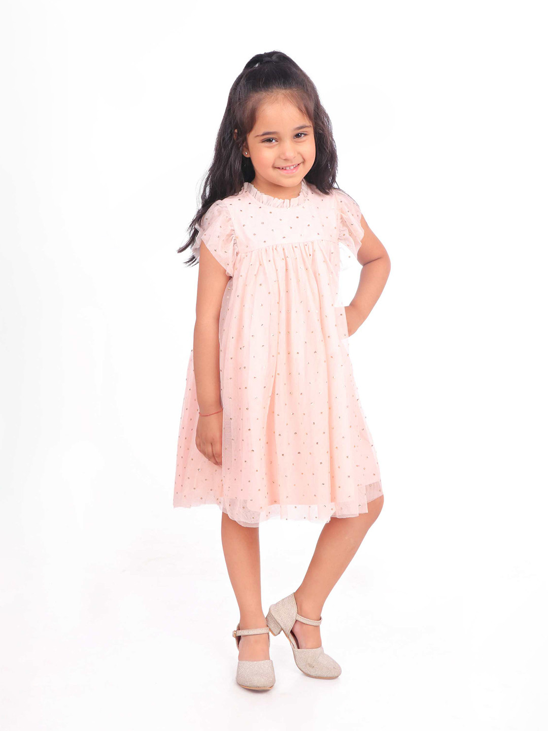 Miyo Girls High Neck Self Design Cap Sleeves Cotton A-Line Dress