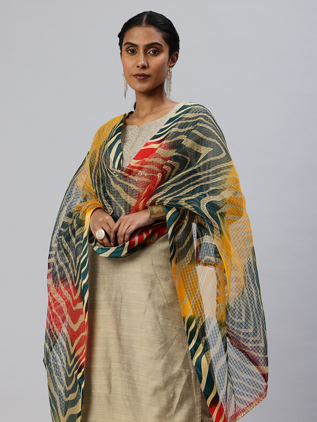 swatika Printed Net Dupatta With Gotta Patti