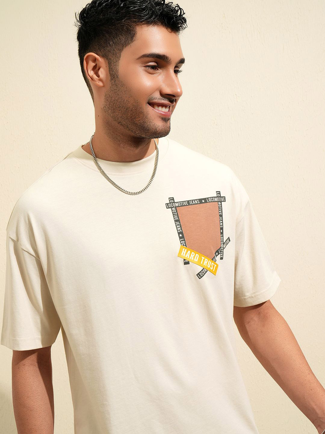 LOCOMOTIVE Premium Cream Oversized Dropshoulder Round Neck Half Sleeve T Shirt