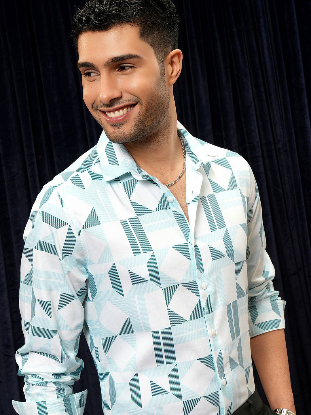 LOCOMOTIVE Luxe Men Light Blue Satin Printed Shirt