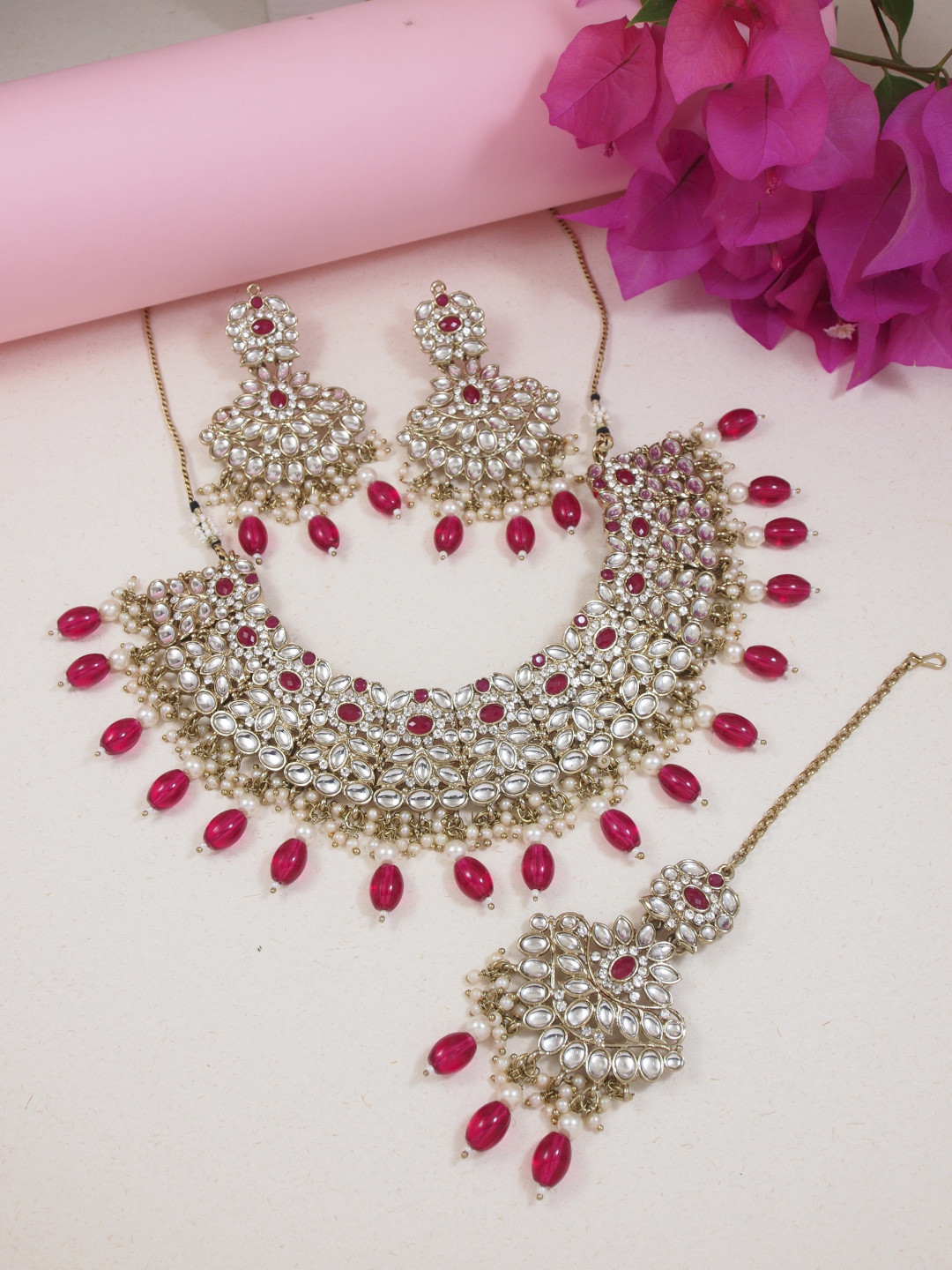 I Jewels Gold-Plated Kundan & Pearl Beaded Jewellery Set