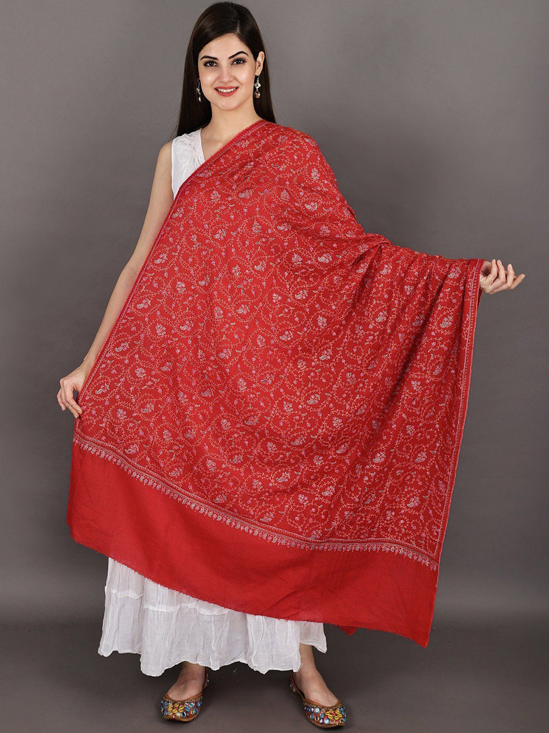 Exotic India Aura Orange Pure Pashmina Kashmiri Shawl with Sozni Hand-Embroidered Flower