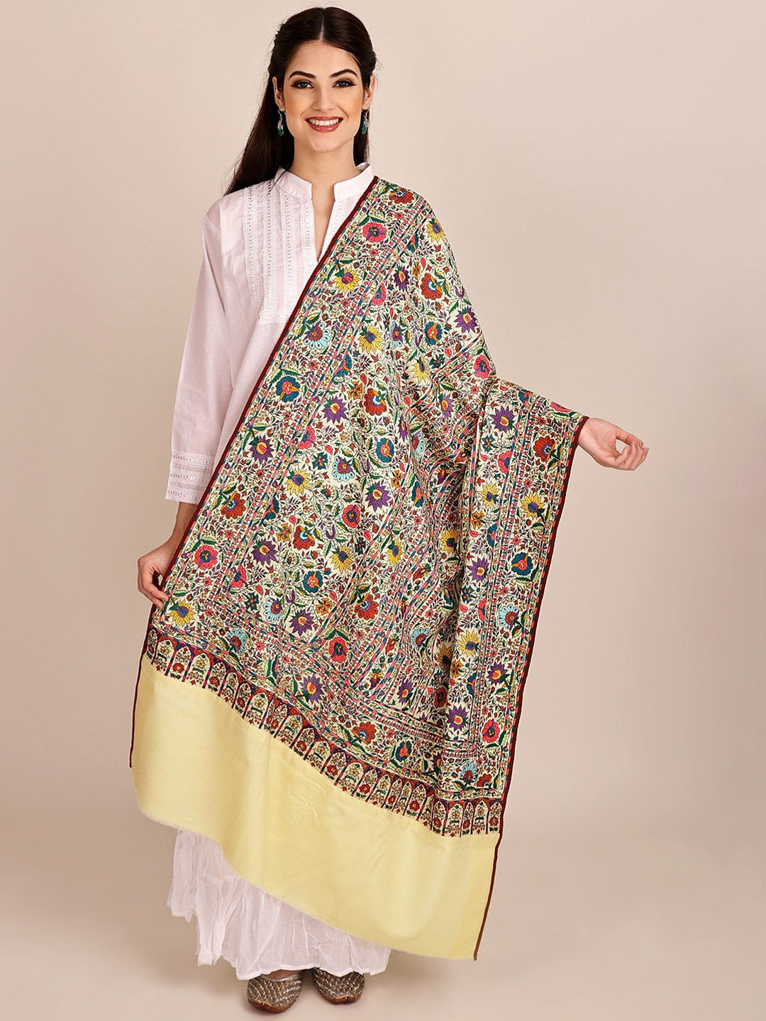 Exotic India Yellow Antiquated Pure Pashmina Kashmiri Shawl with Sozni Hand Embroidery