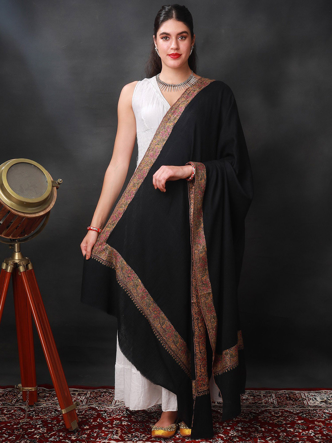 Exotic India Forest River Sozni Hand Embroidered Floral Motif Extra-Wide Pure Wool Shawl