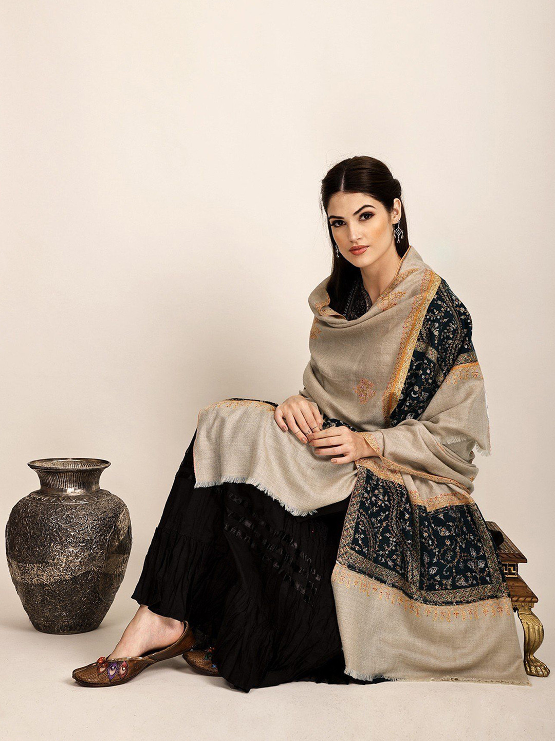 Exotic India French Oak Handloom Pure Pashmina Kashmiri Shawl with Sozni Hand Embroidery