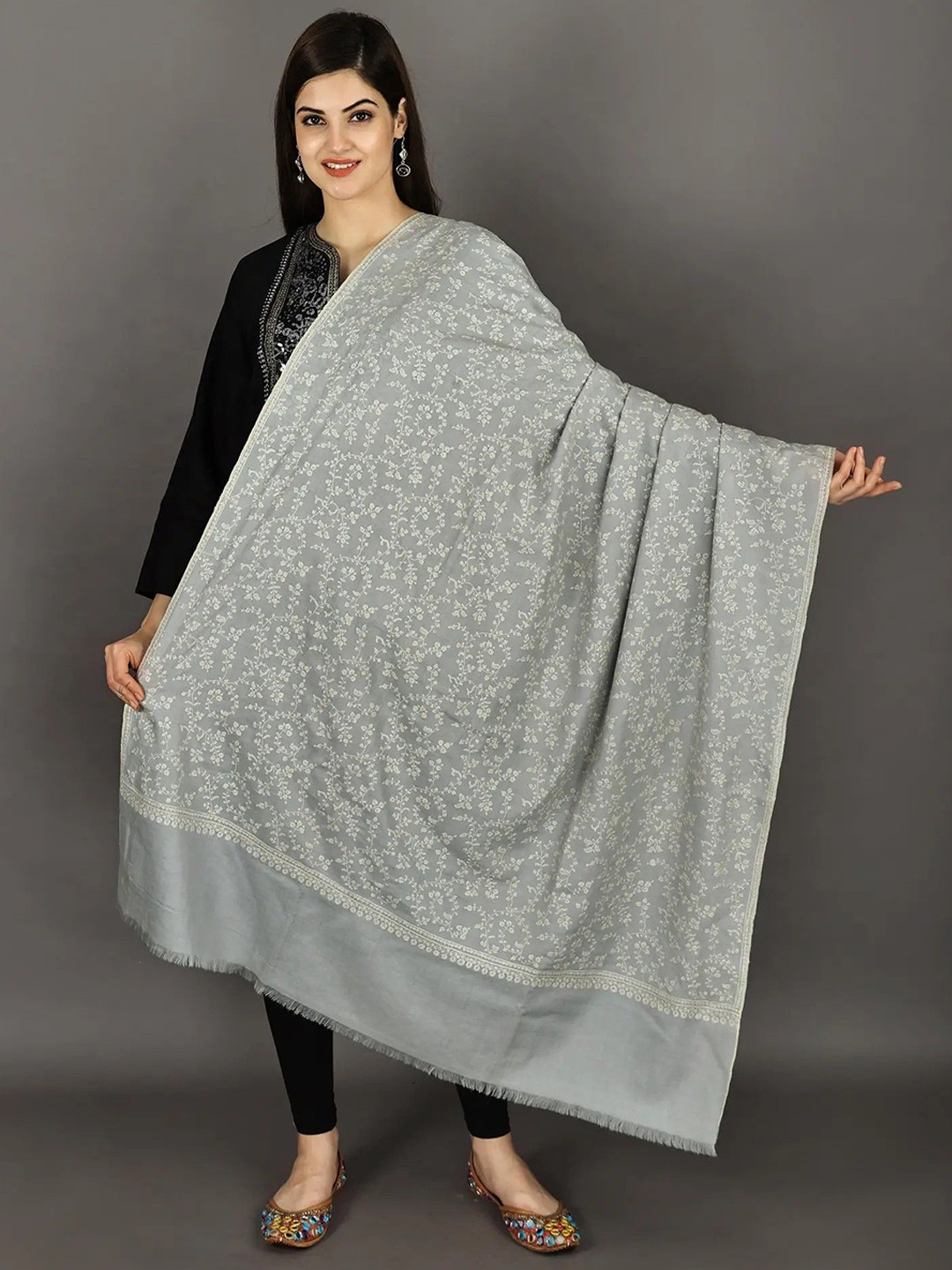 Exotic India Micro-Chip Sozni Hand-Embroidered Floral Vine Pure Pashmina Kashmiri Shawl