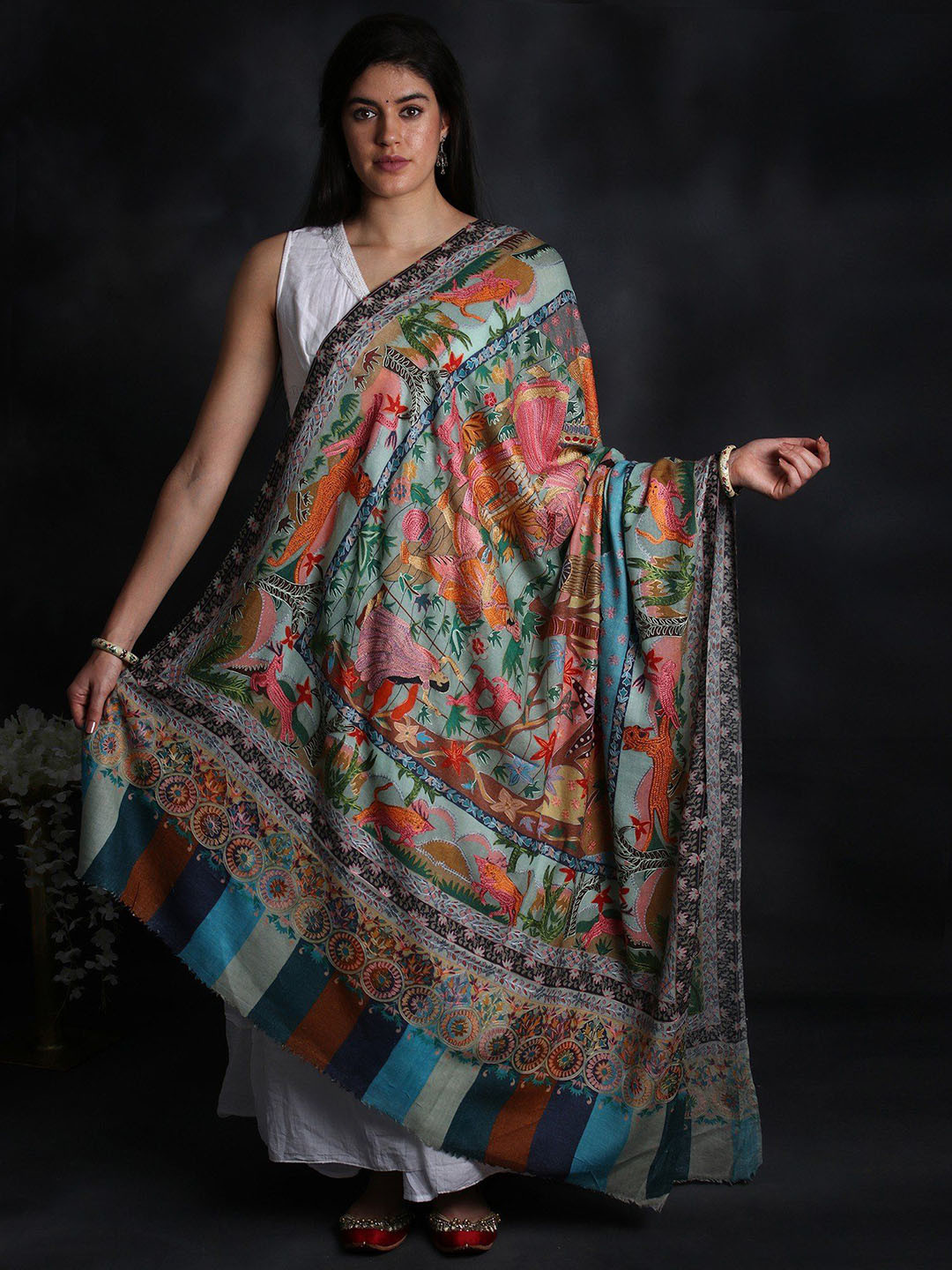 Exotic India Kashmiri Shawl with Kalamkari Hand-Embroidered Depicting Courtyard Garden
