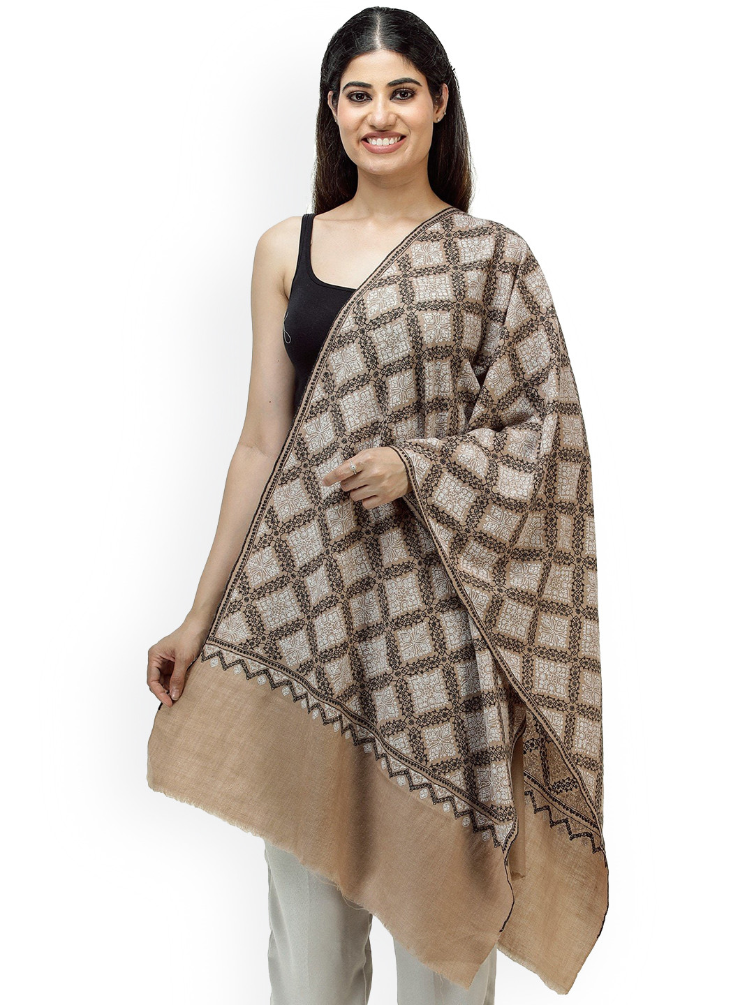 Exotic India Roebuck Sozni Hand Embroidered Pure Pashmina Kashmiri Shawl