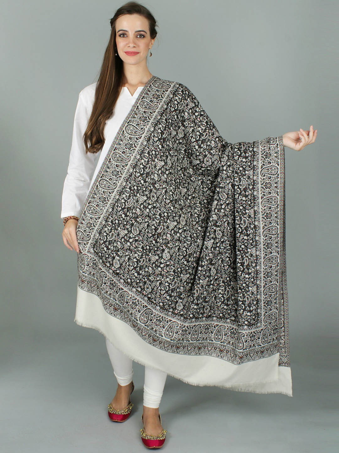 Exotic India Tofu Jamawar Shawl with All Over Floral Pattern and Paisley Motif Border