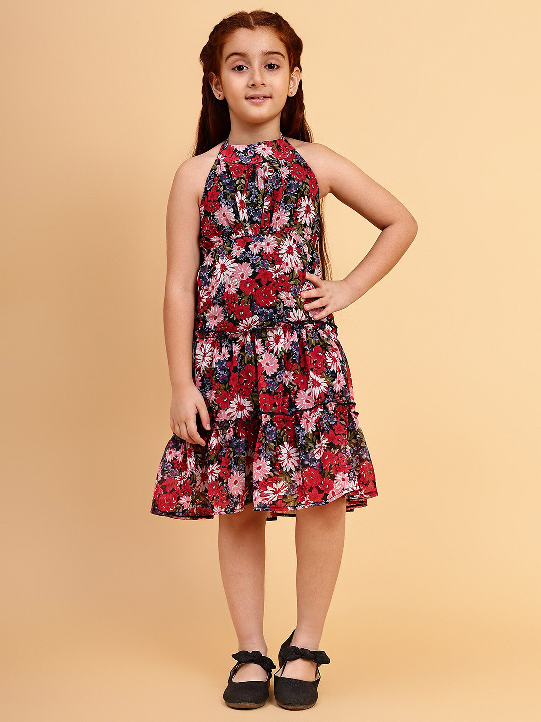 YK Girls Floral Printed Halter Neck Gathered Fit & Flare Dress