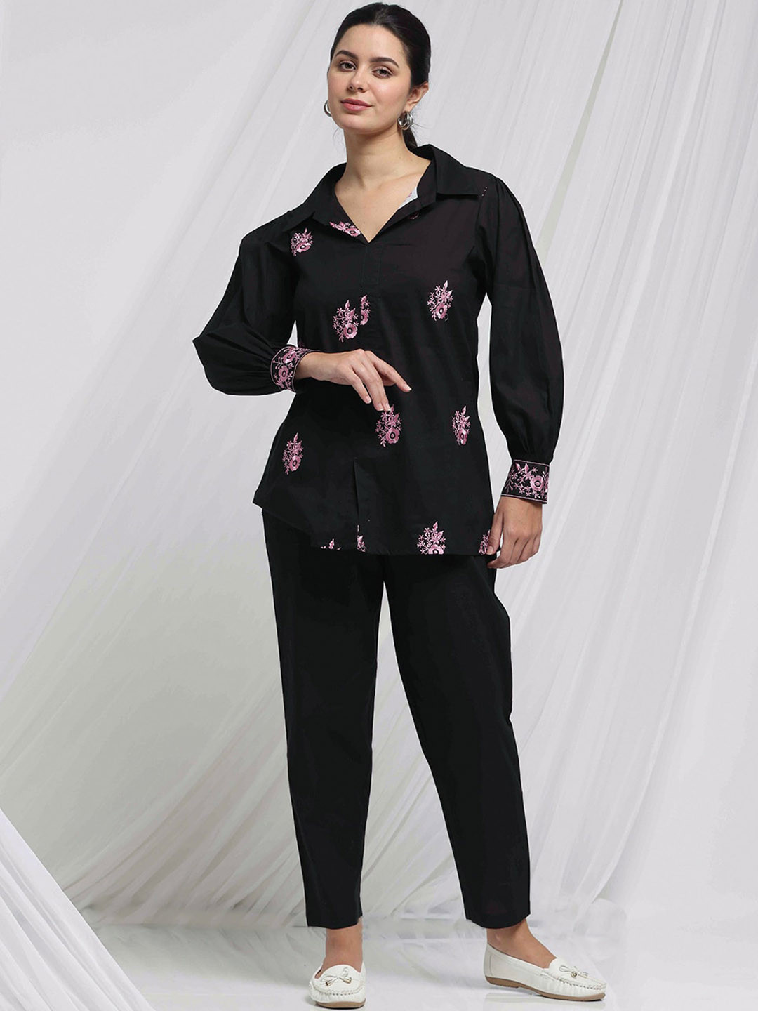 Anouk Black & Pink Floral Embroidered Long Sleeves Pure Cotton Shirt With Trousers
