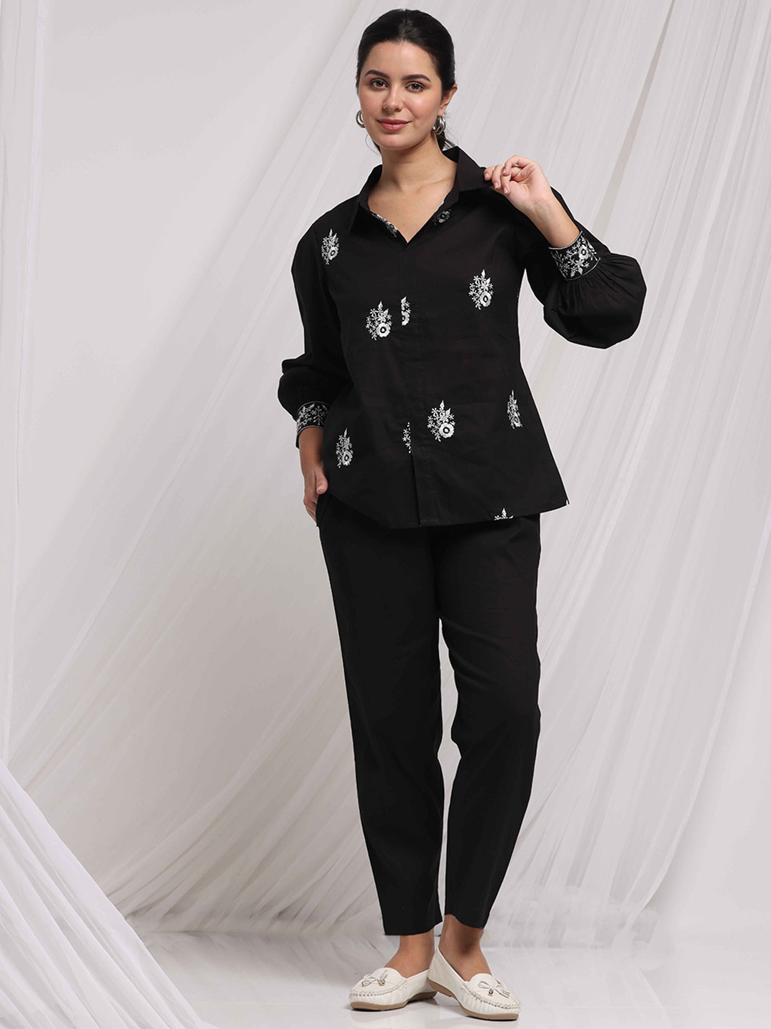Anouk Black Floral Embroidered Long Sleeves Pure Cotton Shirt With Trousers