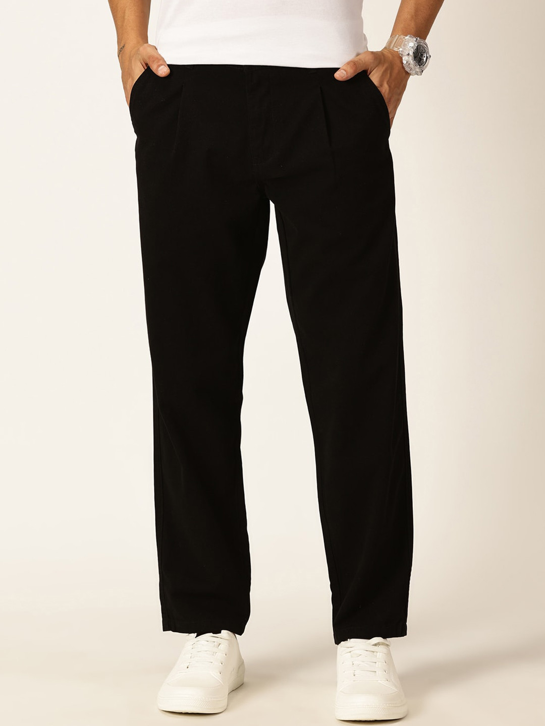 Thomas Scott Men Smart Straight Fit Mid-Rise Easy Wash Pure Cotton Chinos Trousers