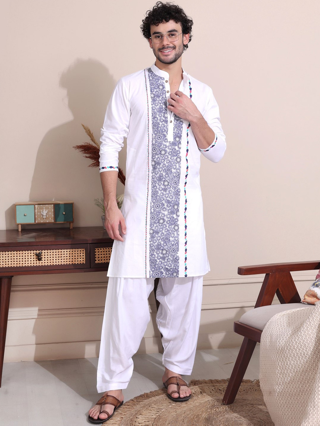 MIDAV Mandarin Collar Printed Regular Pure Cotton Kurta with Pyjamas
