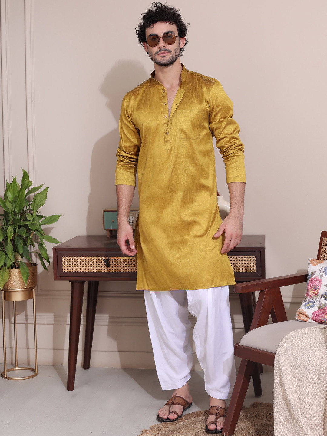 MIDAV Mandarin Collar Long Sleeves Regular Dupion Silk Straight Kurta with Salwar