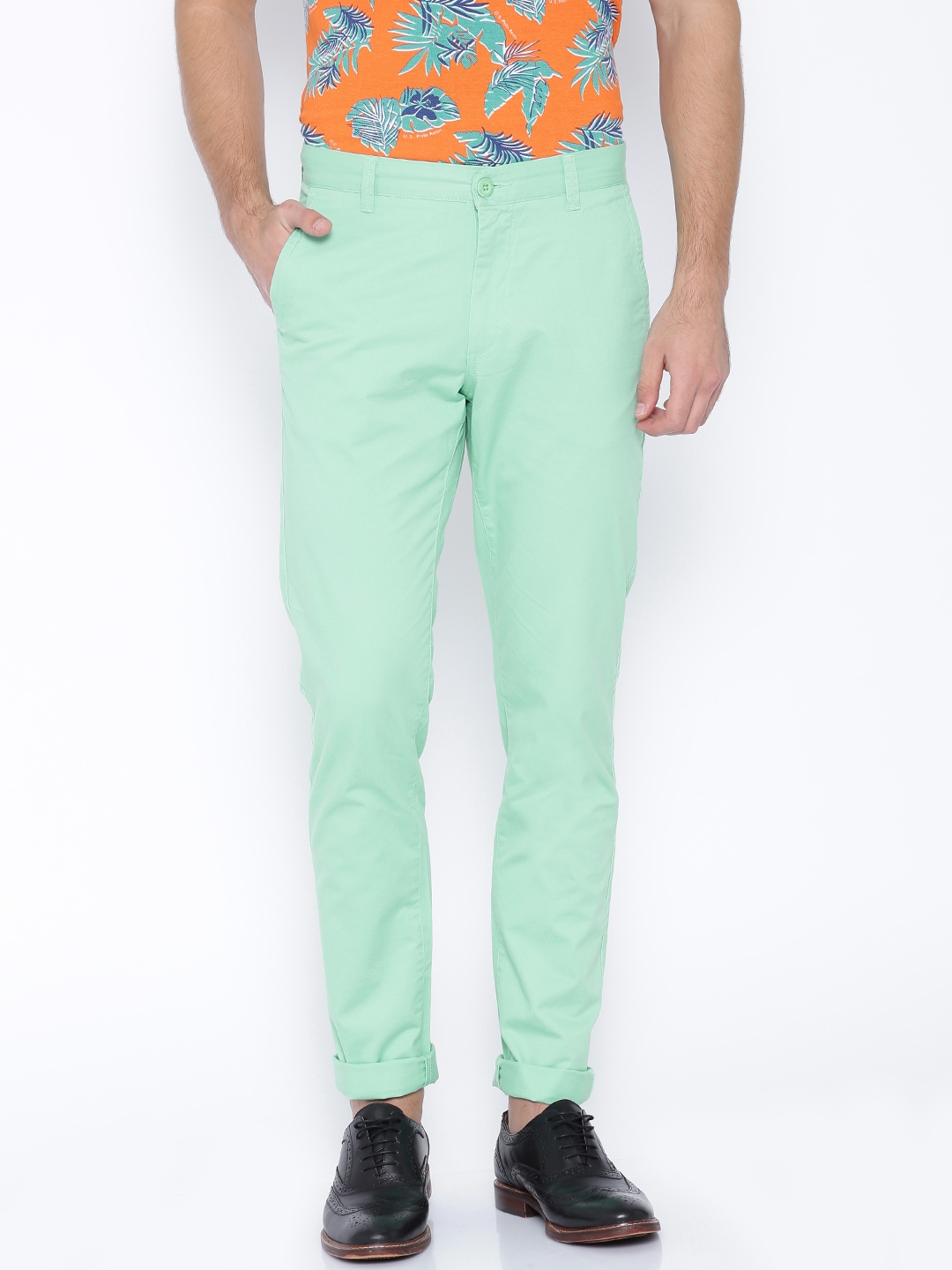 Buy U.S. Polo Assn. Men Mint Green Slim Fit Trousers - Trousers