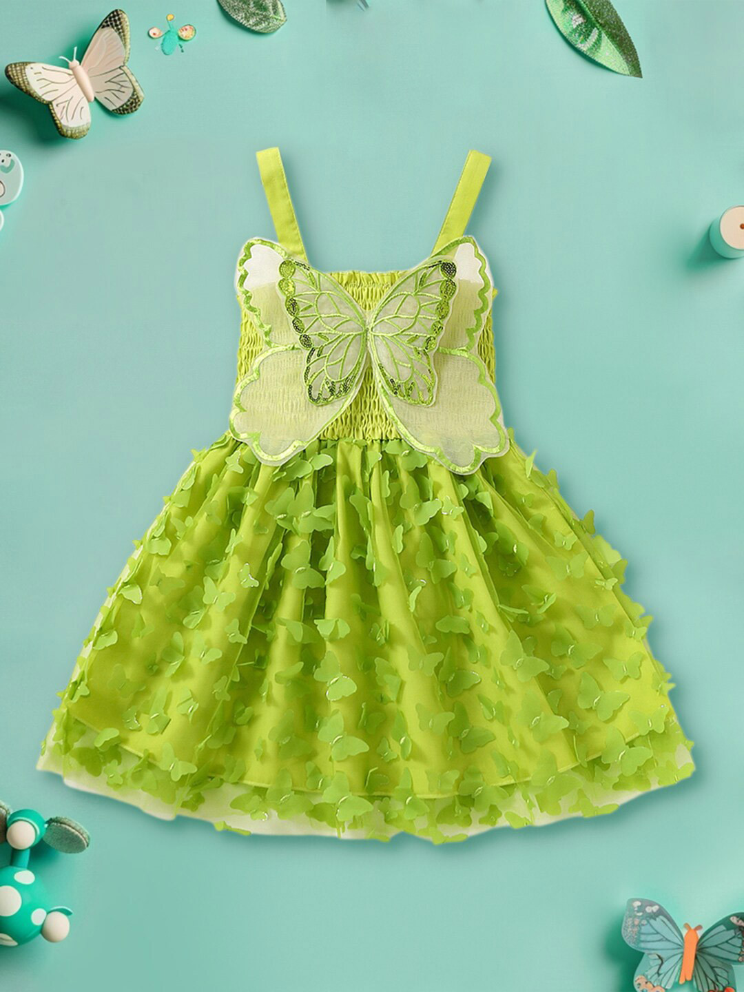 INCLUD Girls Self Design Shoulder Straps Butterfly Embellished Fit & Flare Dress
