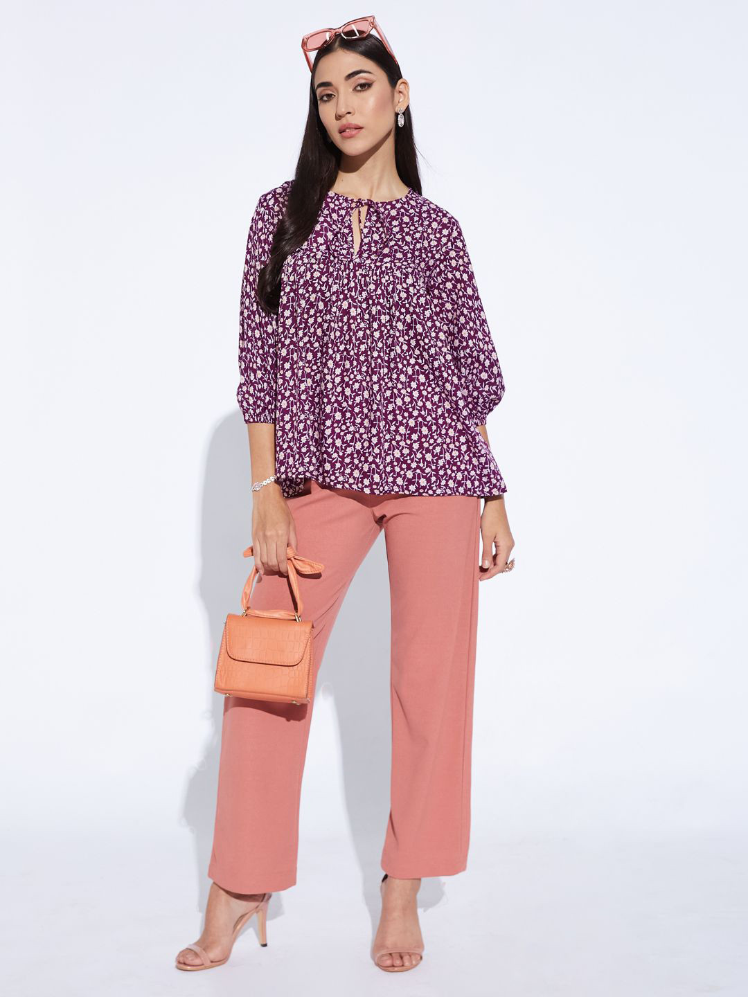 DEPANO Floral Print Tie-Up nNeck A-Line Top