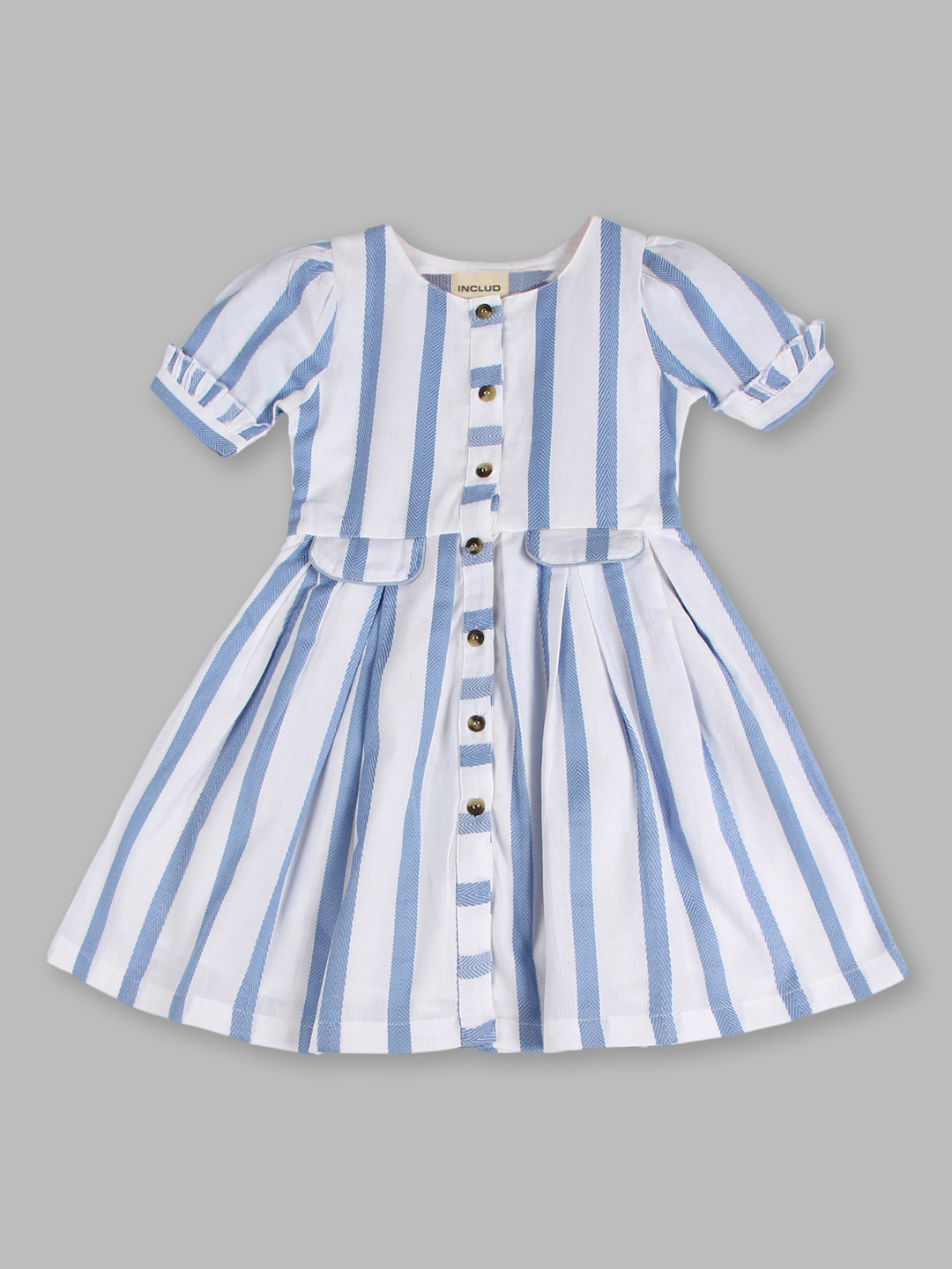 INCLUD Girls Striped Puff Sleeves Fit & Flare Dress