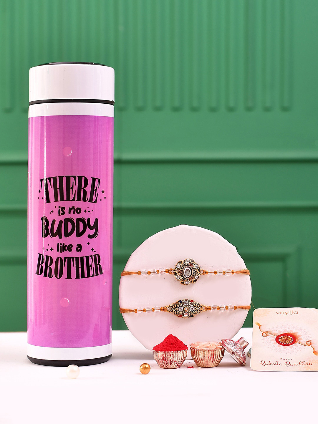 Voylla Men's Set Of 2 Gemstones And Beads Embellished Thread Rakhi With Led Display Bottle