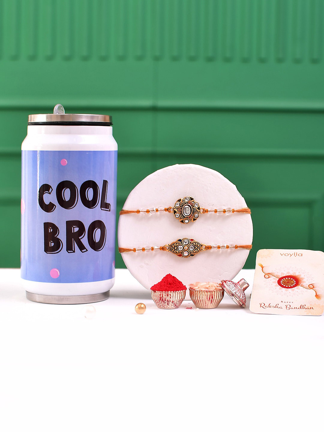 Voylla Set of 3 Embellished Thread Rakhis & Cool Bro Bottle with Roli Chawal