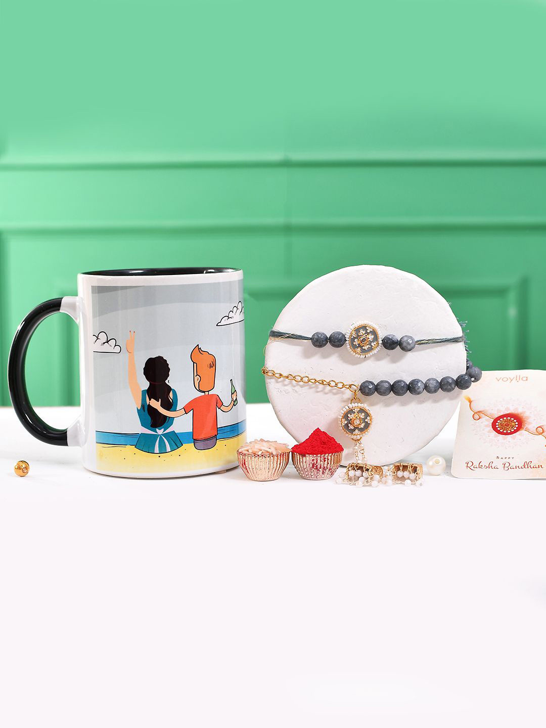 Voylla Set of 3 Pearls Beaded & Enamelled Bhaiya Bhabhi Rakhi With Special Siblings Mug