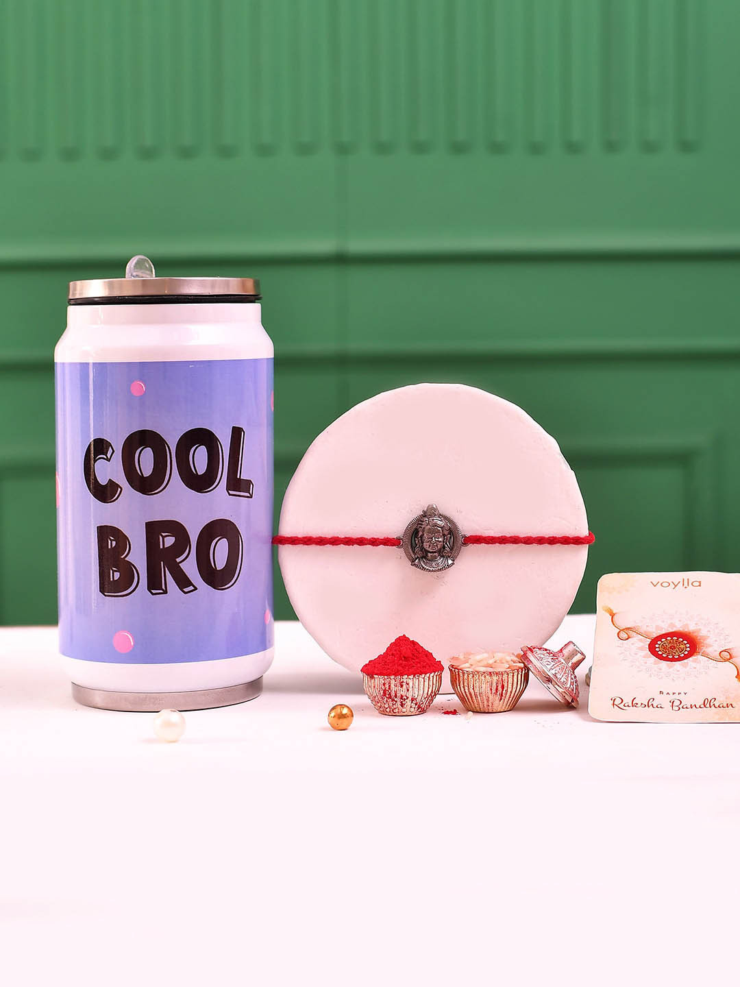 Voylla Set Of 2 Ram Lalla Rhodium-Plated Rakhi With Cool Bro Bottle Gift Set