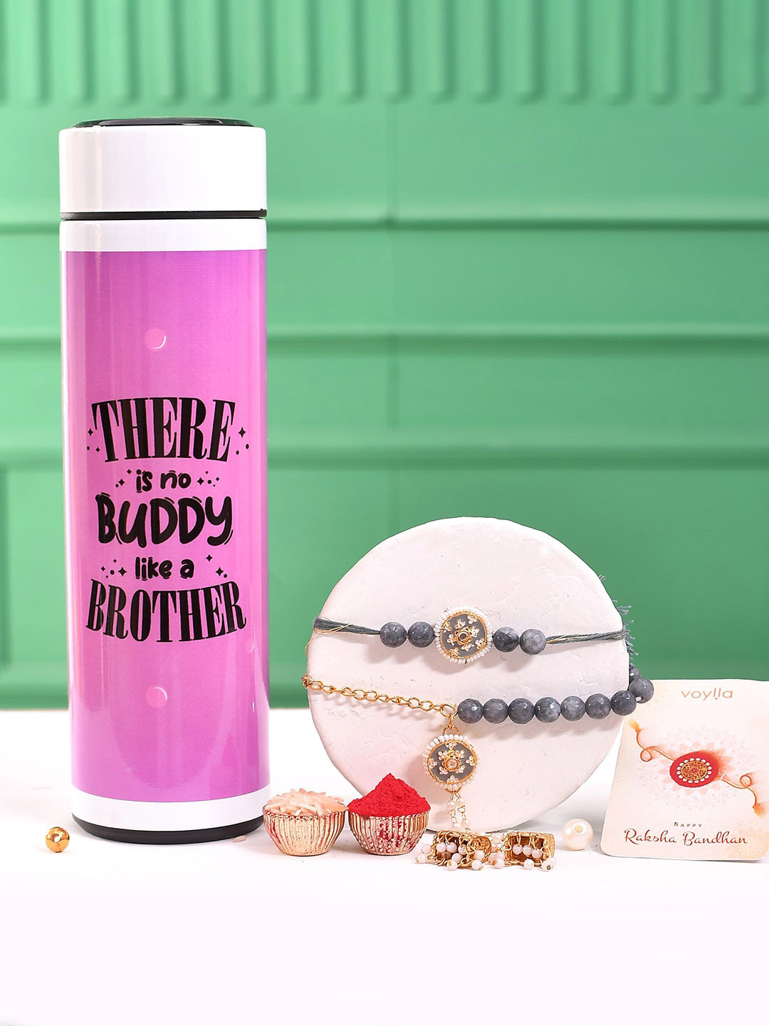 Voylla Pearls Beaded & Enamelled Bhaiya Bhabhi Rakhi With Led Display Bottle