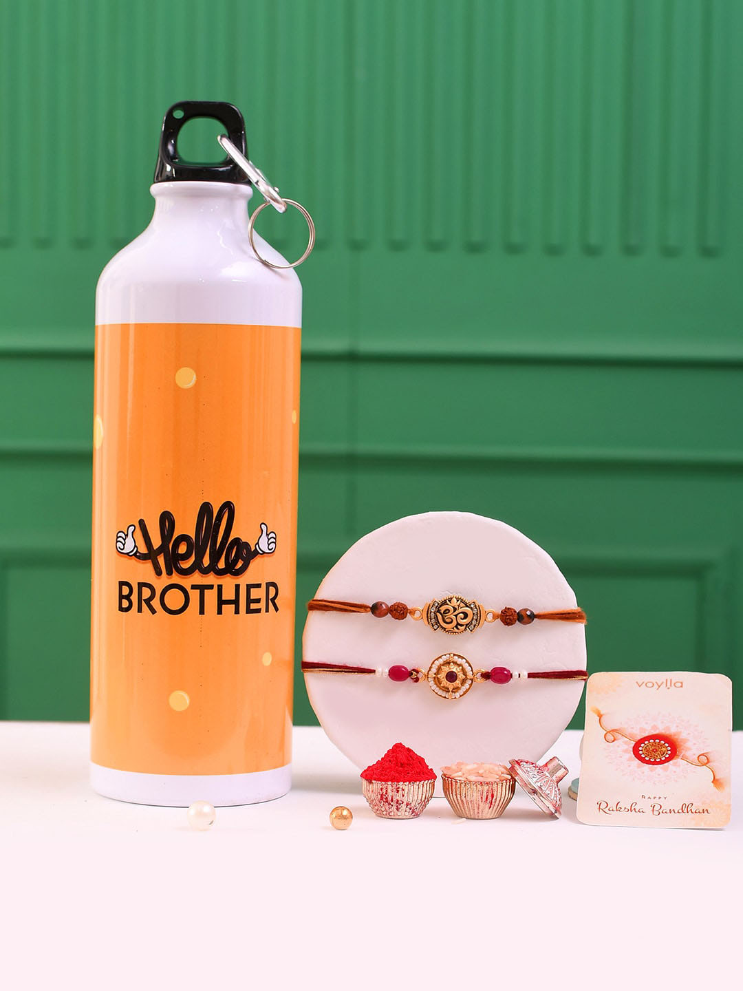 Voylla Traditional And Divine Motifs Pack Of 2 Thread Rakhis With Hello Brother Bottle