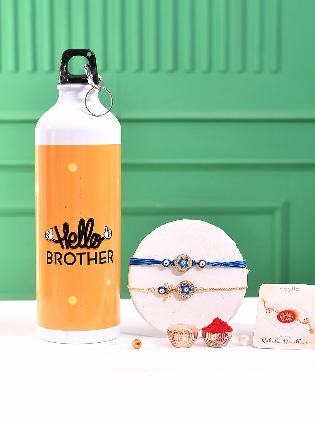 Voylla Evil Eye Thread And Chain Bhaiya Bhabhi Rakhi With Hello Brother Bottle