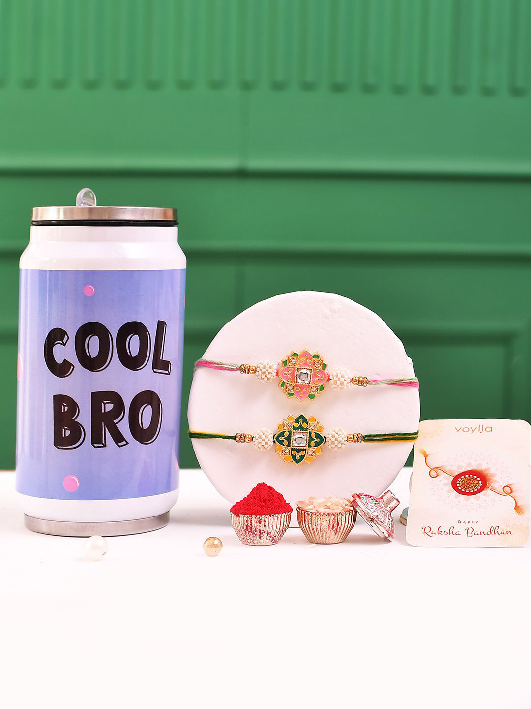 Voylla Set Of 2 Meenakari Kundan Embellished Enamelled Rakhi With Cool Bro Bottle