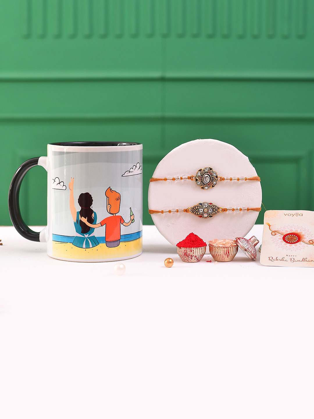 Voylla Set Of 3 Gemstones & Beads Embellished Thread Rakhis With Special Siblings Mug