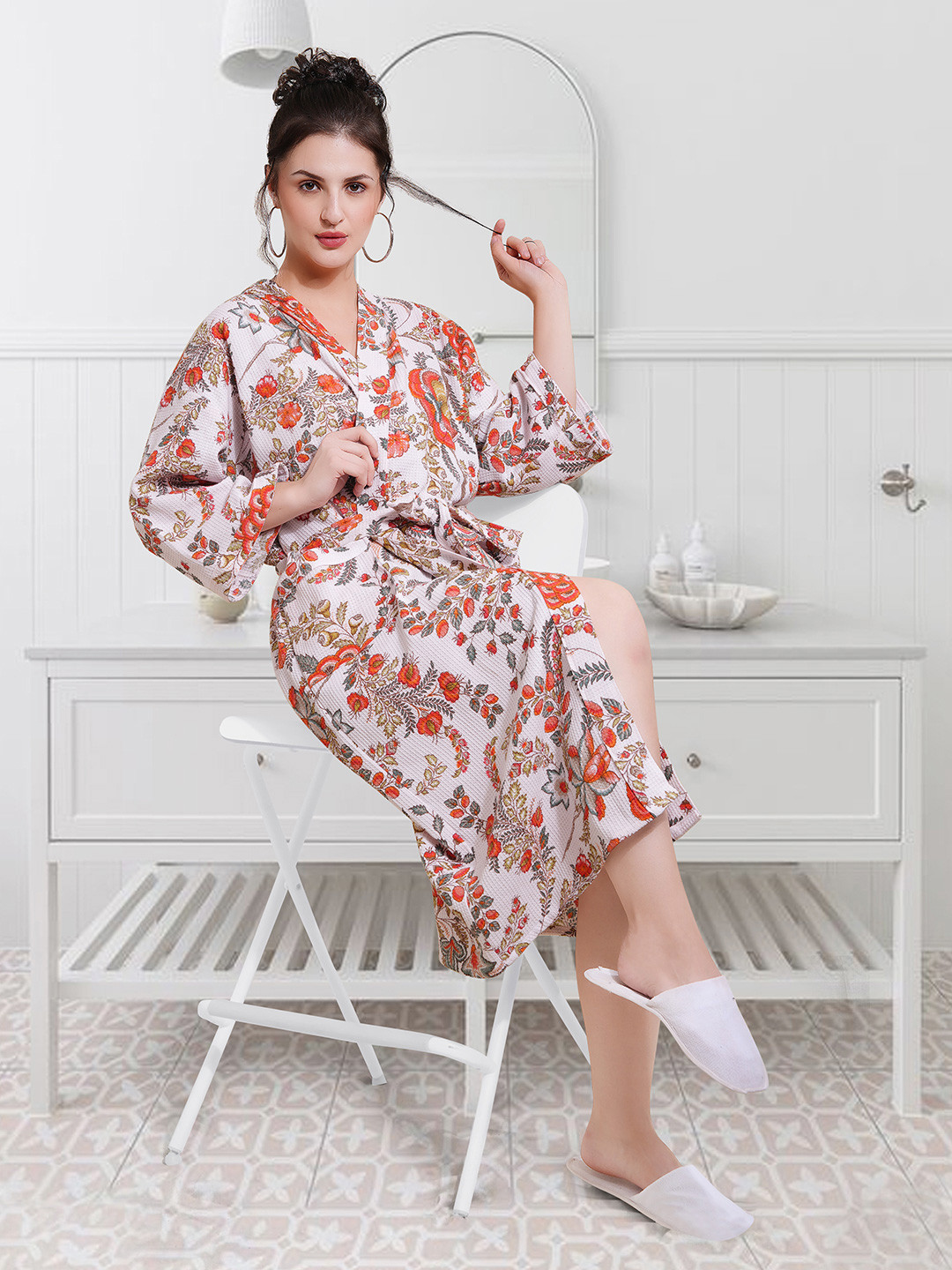 LacyLook Waffle White Floral Cotton Drawstring Midi Bath Robe