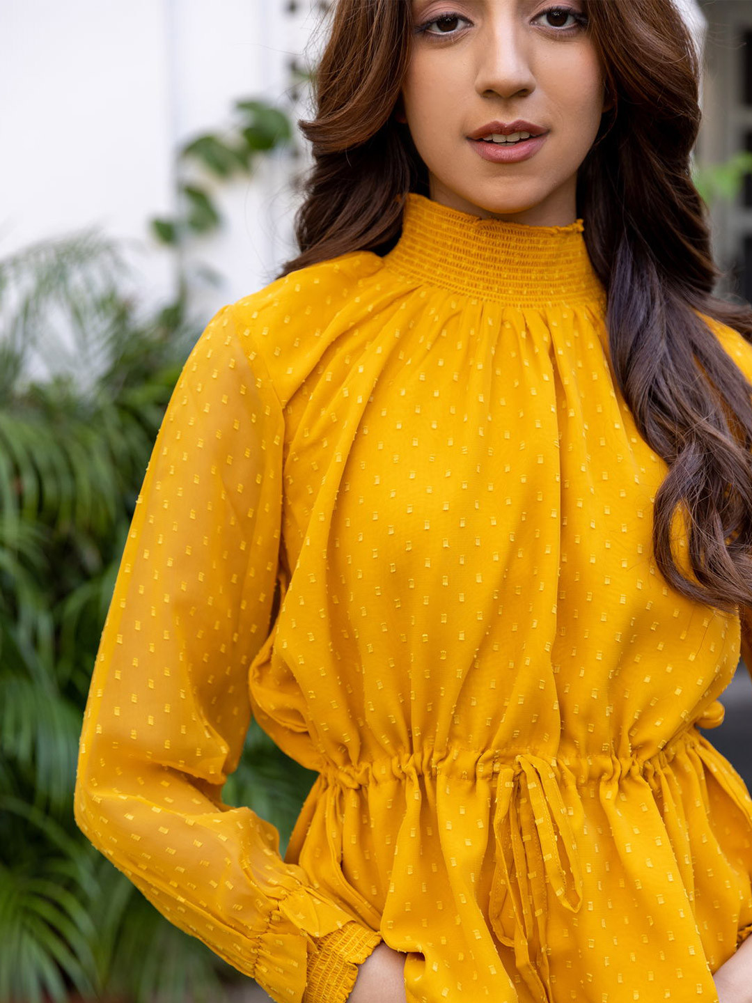 Polago Clothing Chiffon High Neck Cinched Waist Cotton Top