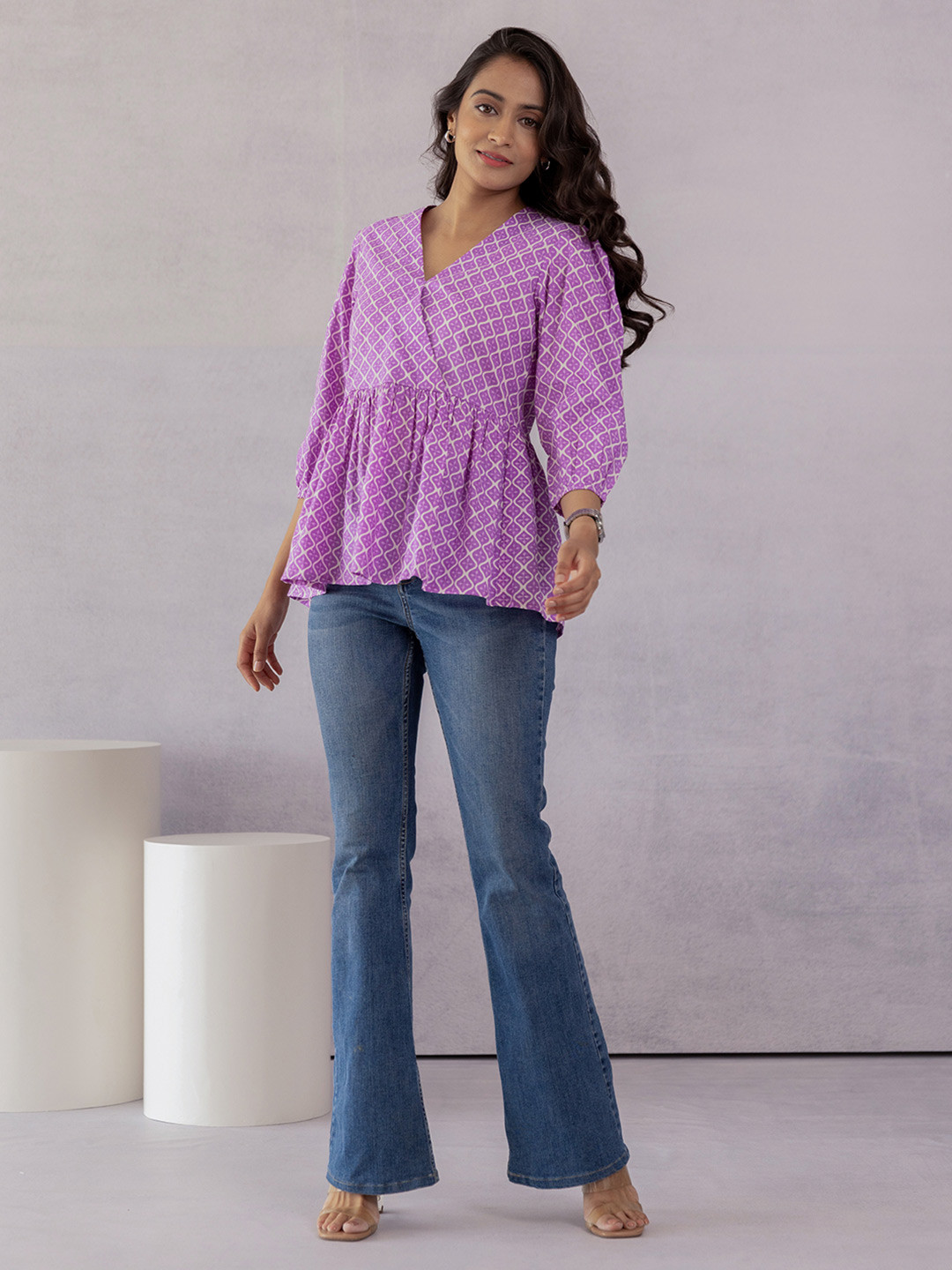 Polago Clothing Printed V-Neck Cotton Peplum Top