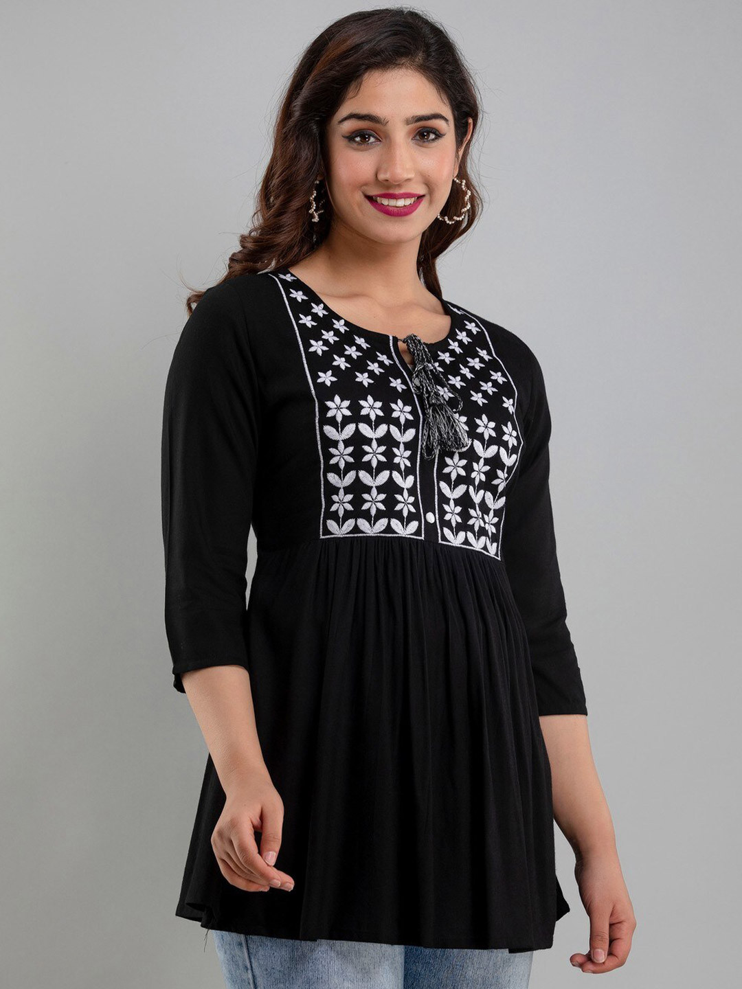 Rubellite Embroidered Tie-Up Neck A-Line Top