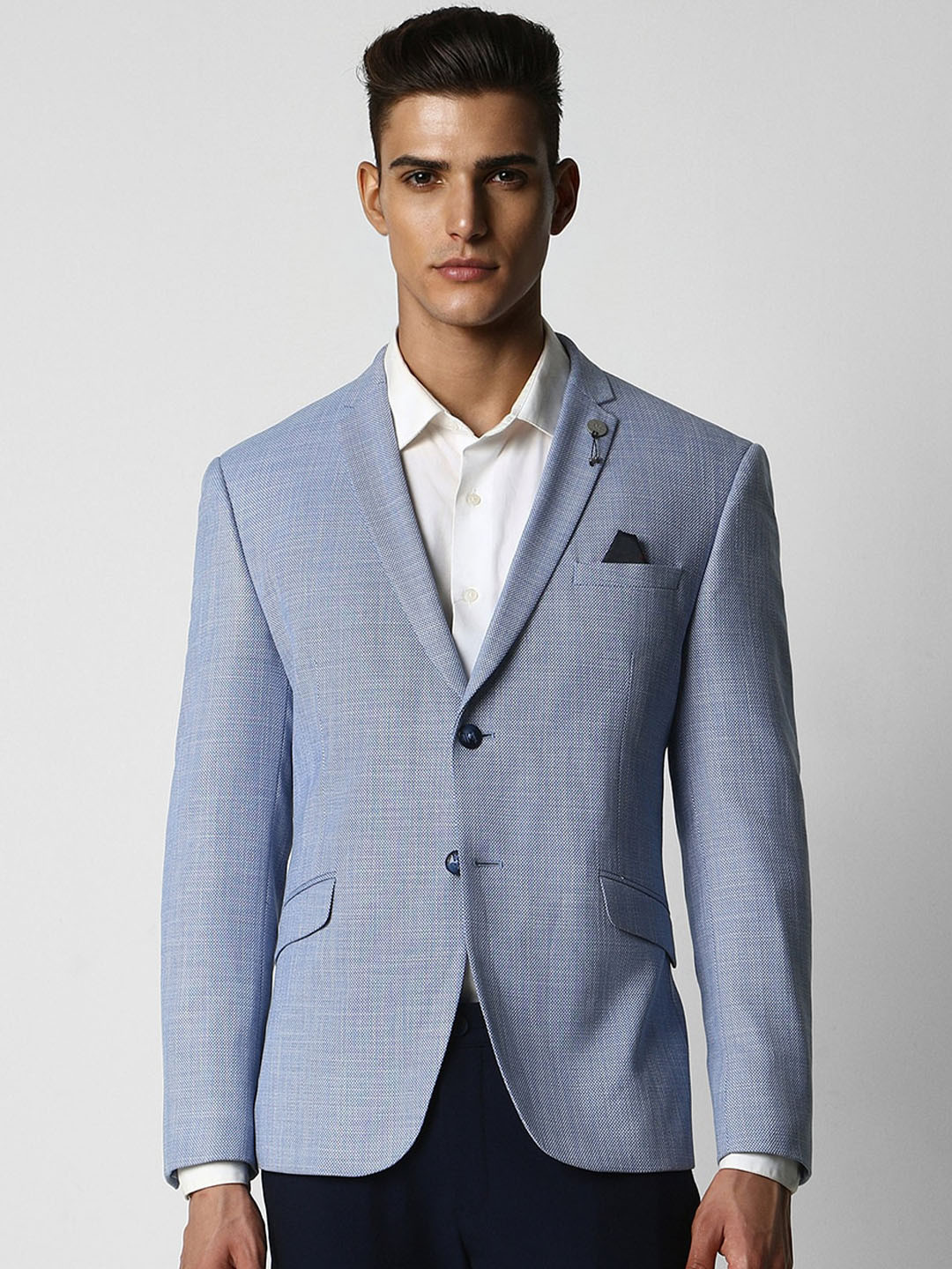 Van Heusen  Men Blue Textured skinny Casual Slim-Fit Single-Breasted Blazer