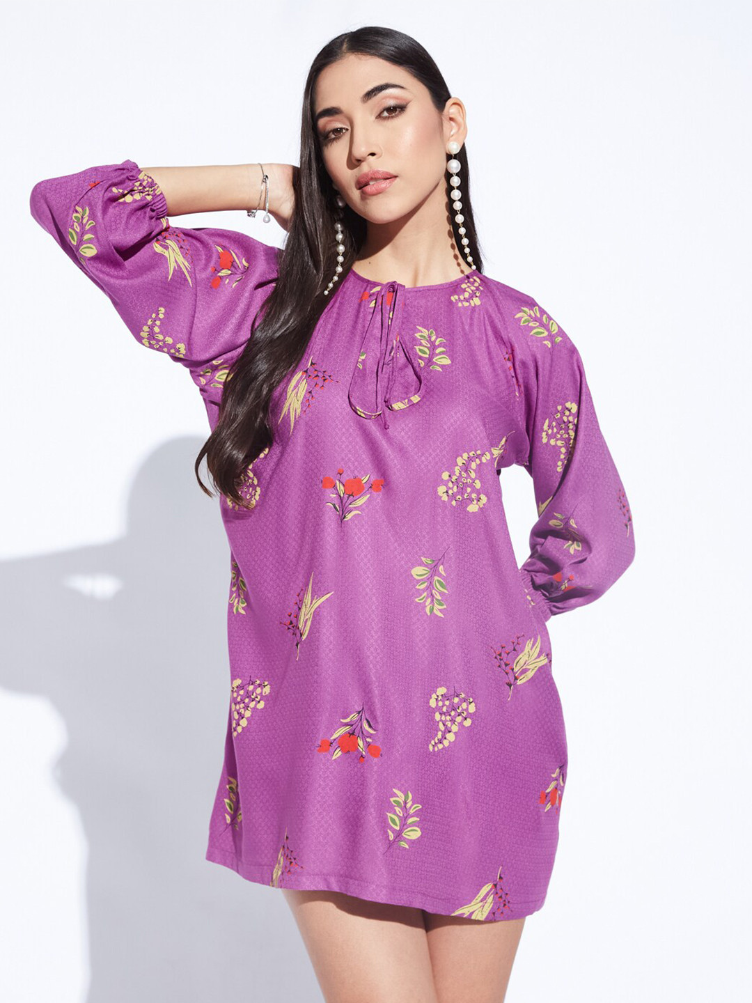 DEPANO Floral Printed Tie-Up Neck Puff Sleeves Georgette A-Line Mini Dress