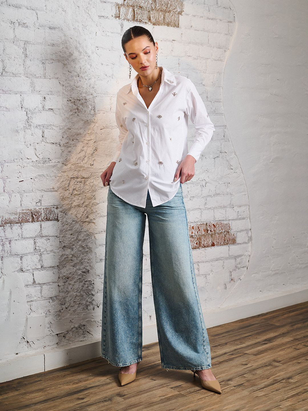 DELAN Women Relaxed Embellished Stone Studded Cuffed Sleeves Oversized Party Shirt