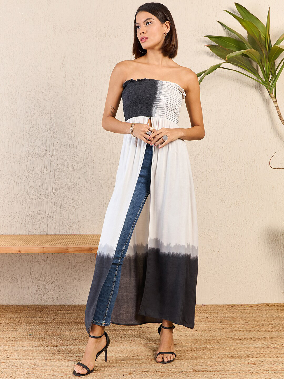 Marie Claire Women Tie and Dye Off-Shoulder Smocking Detailed Semi Sheer Longline Top