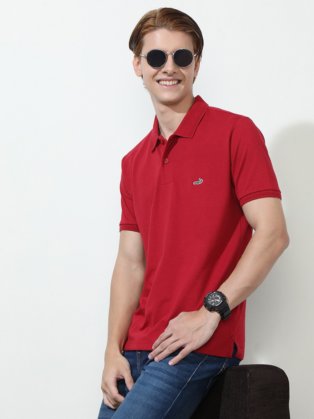 Crocodile Men Cherry Red Polo Collar Embroidered Slim Fit T-shirt