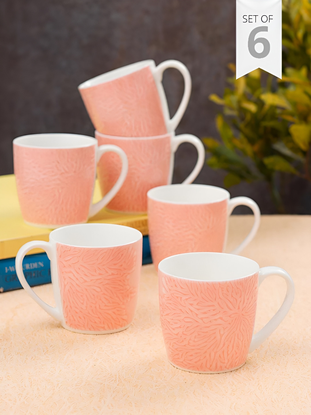 JCPL Ladaku Behan Peach Textured Ceramic Easy to Clean 6 Piece Cups-220ml