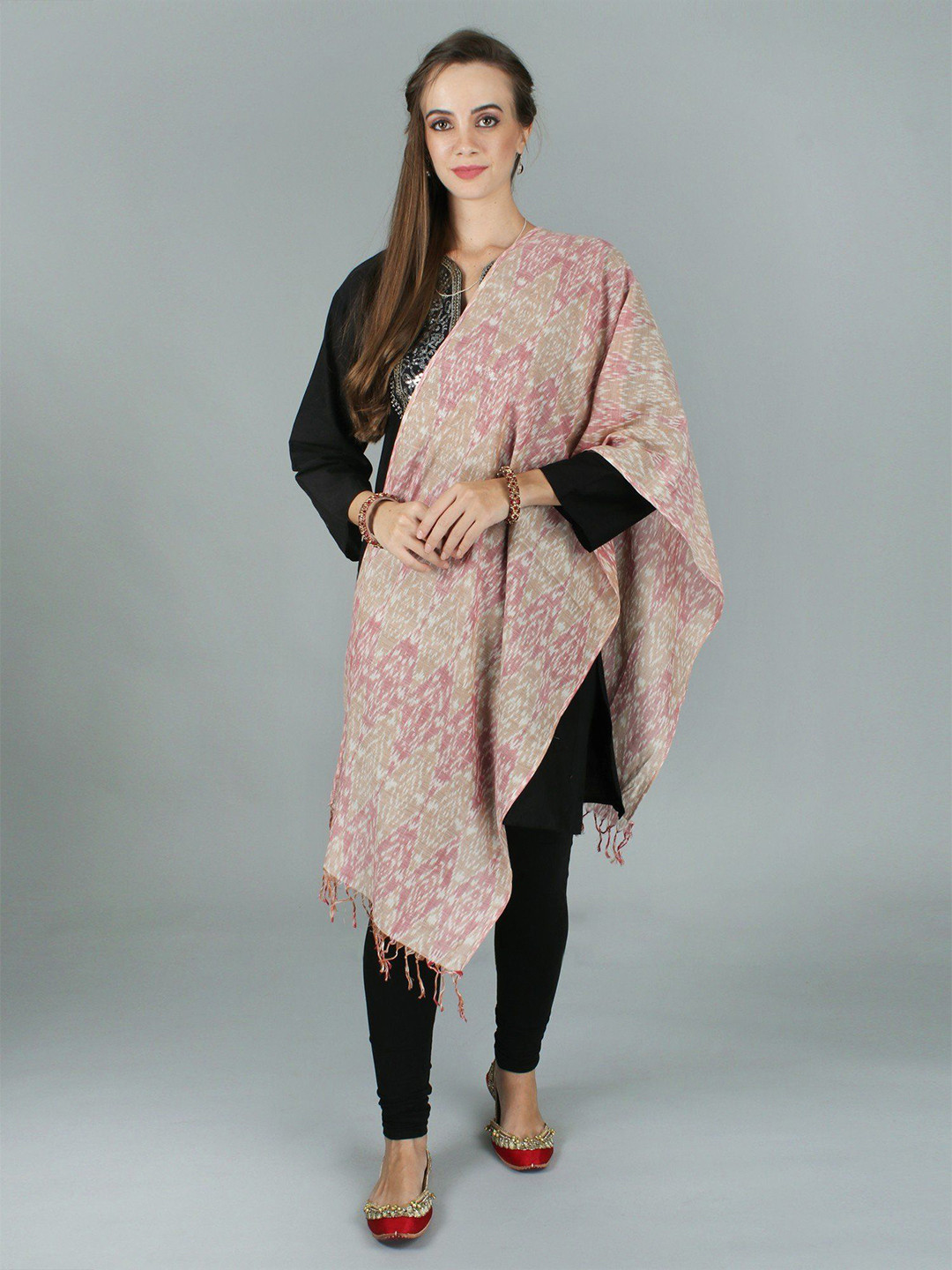 Exotic India Ginger Root Pure Cotton Ikat Weave Handloom Stole with Maroon Contrast