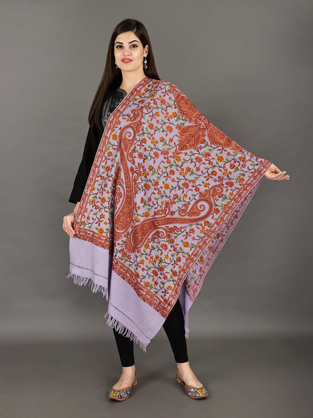 Exotic India Violet Tulle Pure Wool Kashmiri Stole with Aari Hand-Embroidered Flowers