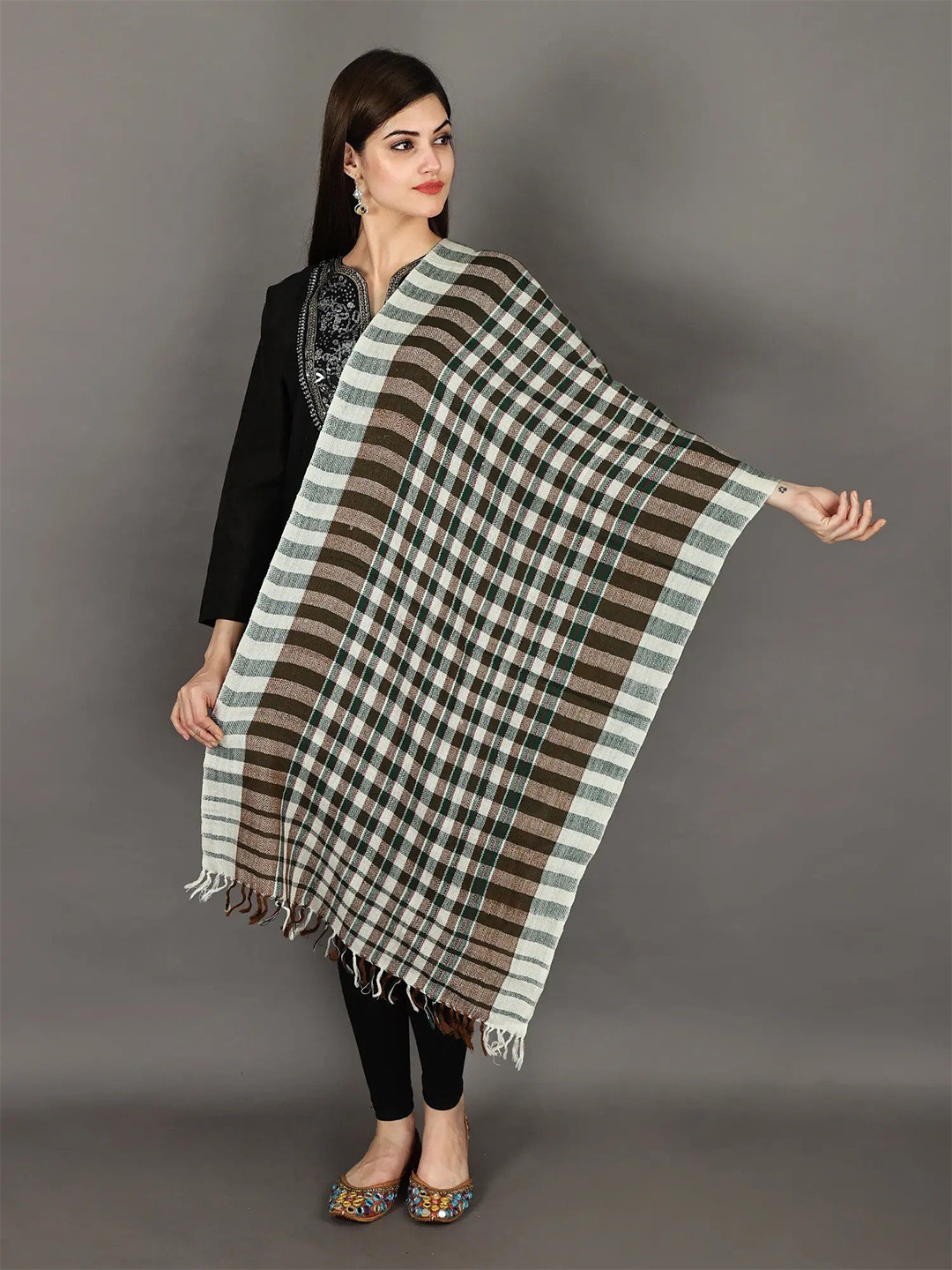 Exotic India Multicoloured Handwoven Pure Wool Stole With Check Pattern