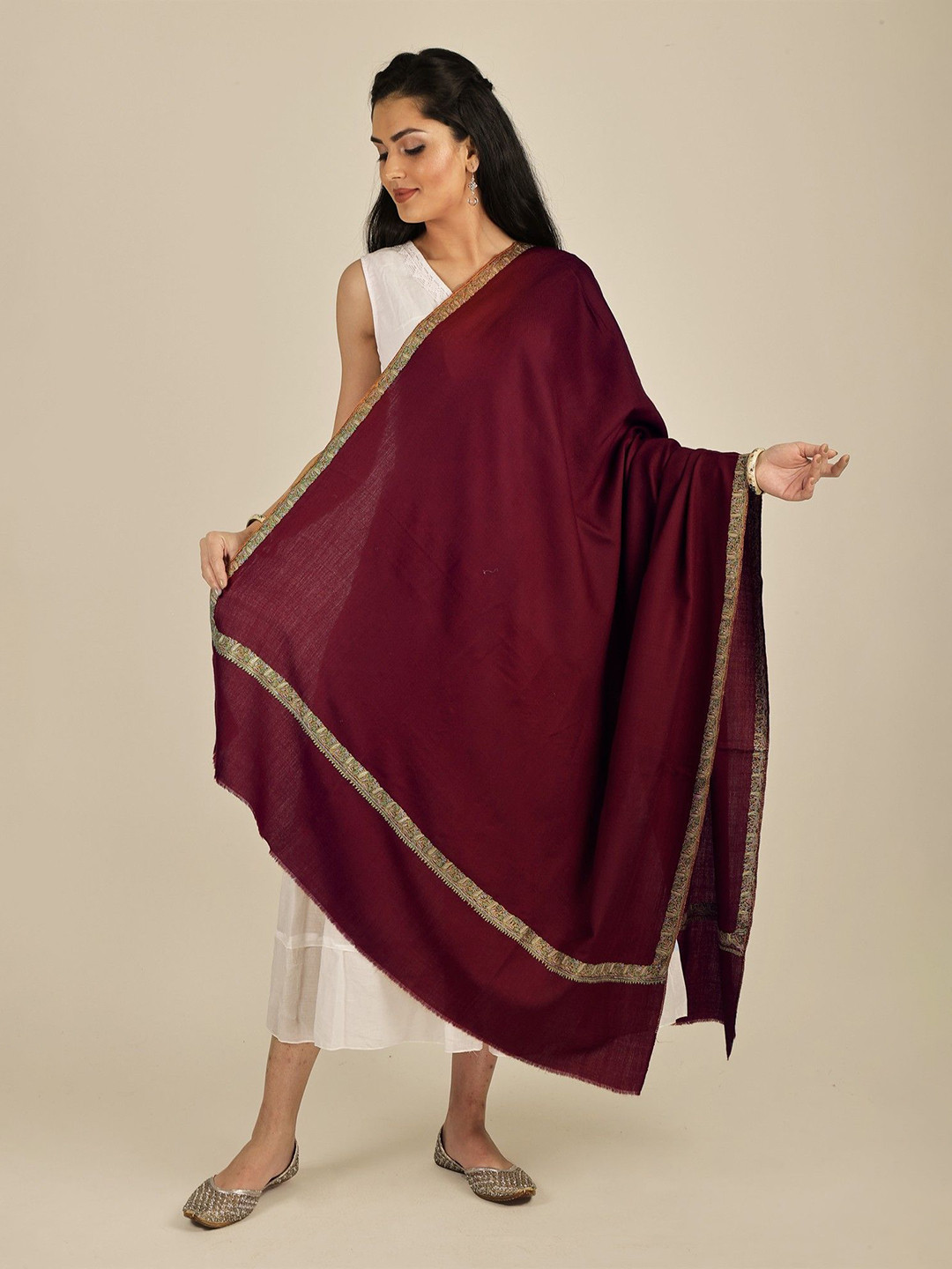 Exotic India Cabernet Tusha Cashmere Kashmiri Stole with Sozni Hand-Embroidery on Border