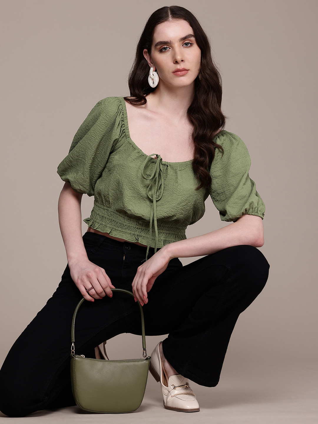 Nautica Tie-Up Neck Puff Sleeves Cinched Waist Seersucker Crop Top