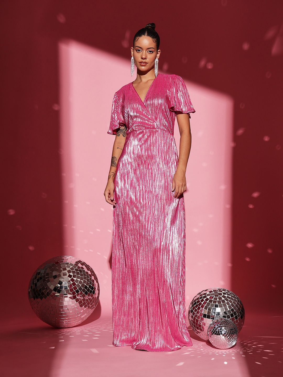 ATRAENTA Striped V-Neck Flutter Sleeves Embellished Satin Party Maxi Dress