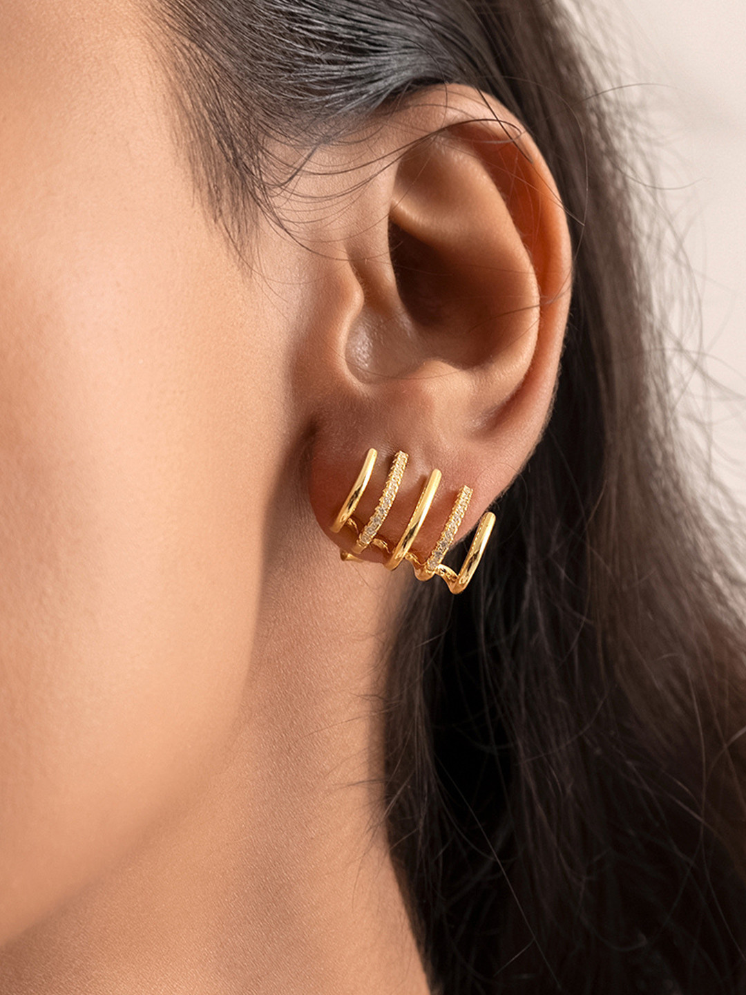 Nistra Perfection Sterling Silver Gold-Plated Cubic Zirconia Studded Classic Stud Earrings