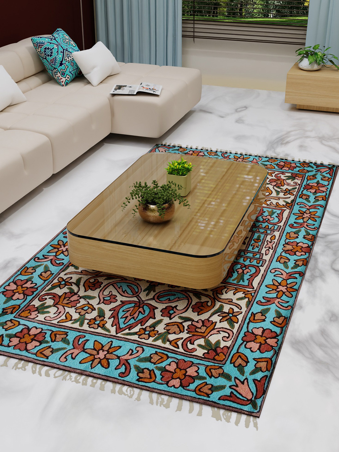 Exotic India Blue Ethnic Motifs Printed Woollen Carpet